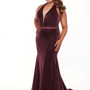 Rachel Allan Curves Magenta Metallic Plunge Neck A-Line Gown